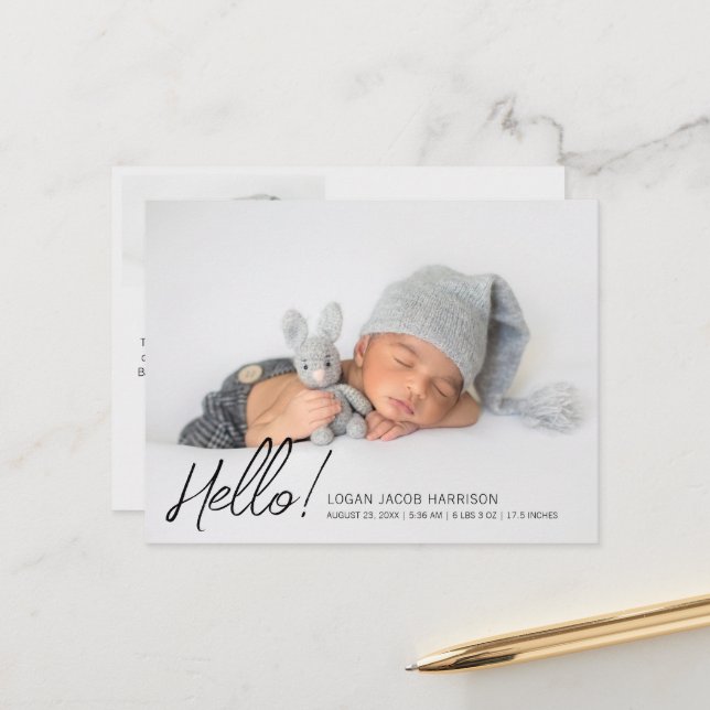 Carte Postale Faire-part de naissance moderne Hello deux photos (Devant/Arrière en situation)