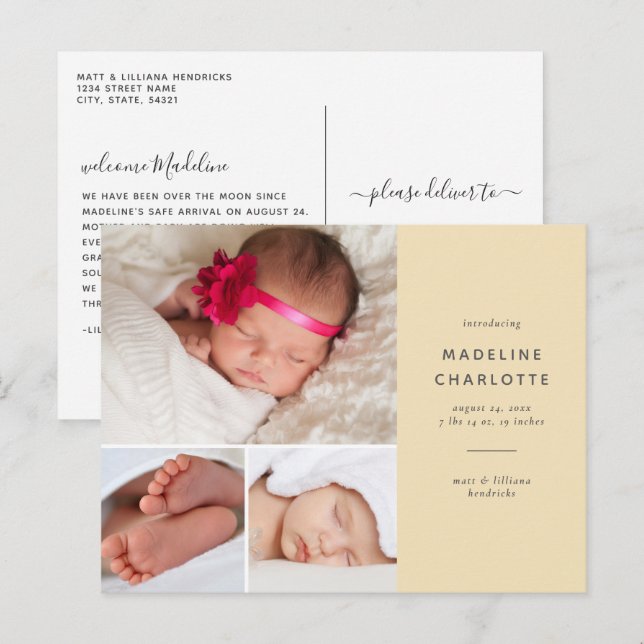 Carte Postale Faire-part de naissance multi-photos moderne jaune (Devant / Derrière)