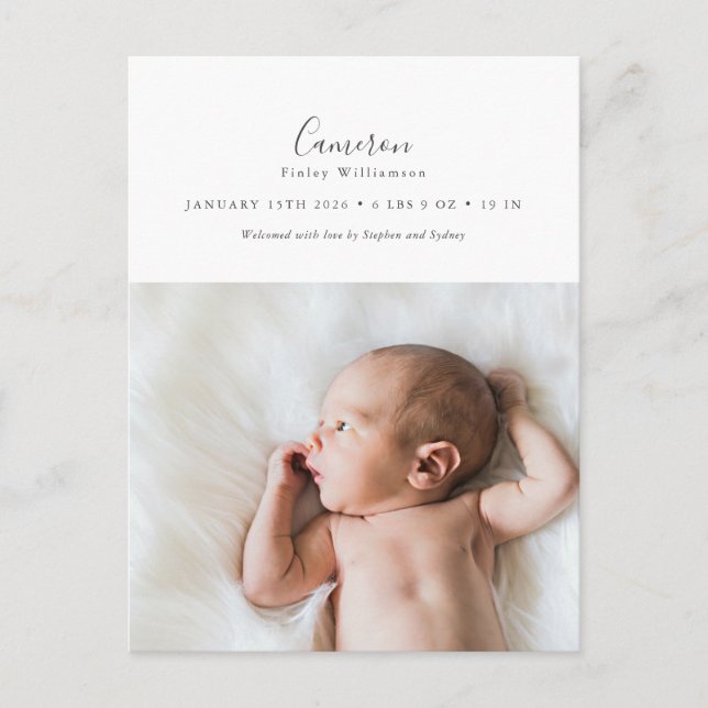 Carte Postale Faire-part de naissance photo à script élégant min (Devant)