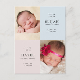Carte Postale Faire-part de naissance photo Blue & Pink Twins