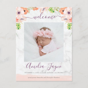 Carte Postale Faire-part de naissance photo Girl Floral Marble
