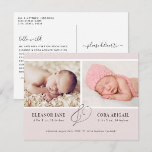 Carte Postale Faire-part de naissance photo rose moderne Twin Gi