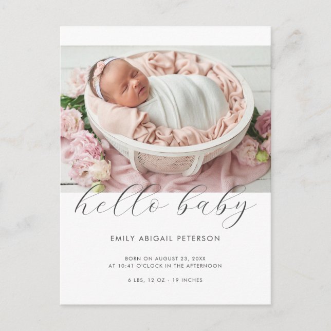 Carte Postale Faire-part de naissance photo simple moderne Hello (Devant)
