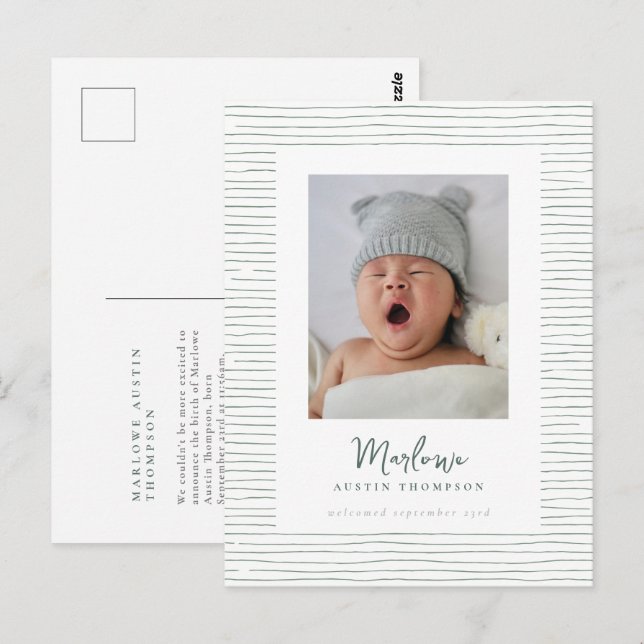 Carte Postale Faire-part de naissance verte à main classique (Devant / Derrière)