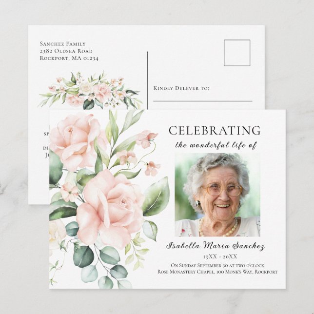 Carte Postale Faire-part de photo de célébration de vie florale  (Devant / Derrière)