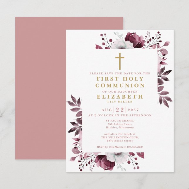 Carte Postale Faire part de première communion florale rose (Devant / Derrière)