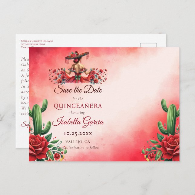 Carte Postale Faire part de Quinceañera de style mexicain (Devant / Derrière)