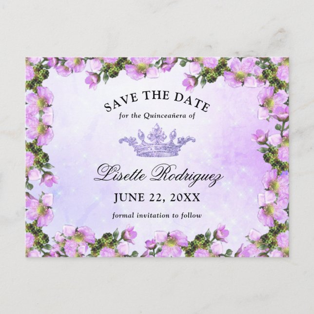 Carte Postale Faire part de Quinceanera floral violet lilas (Devant)