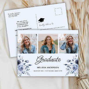 Carte Postale Faire-part de remise de diplôme Fleurs Bleu Marine