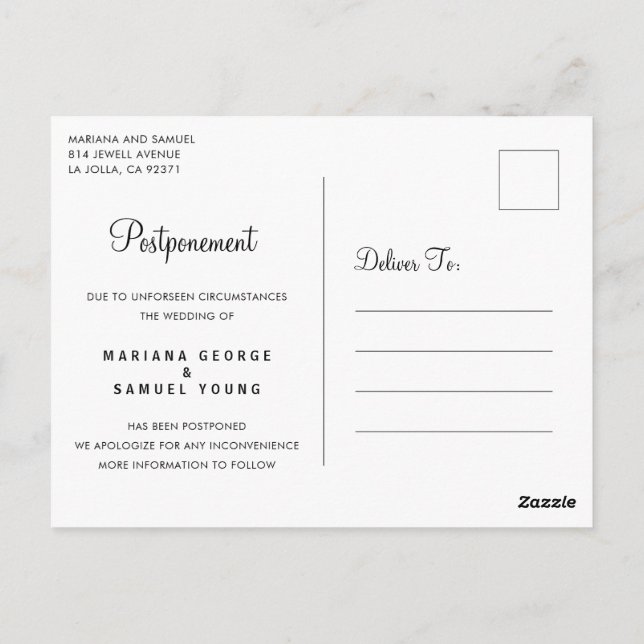 Carte Postale Faire-part de report du Mariage de script simple (Dos)