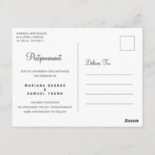 Carte Postale Faire-part de report du Mariage de script simple