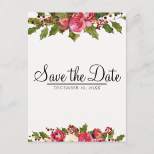 Carte Postale Faire-part Décembre Mariage d'Hiver de Noël Fleurs Save the D