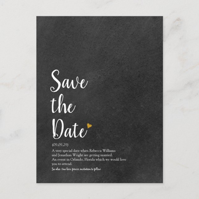 Carte Postale Faire-part Définition de Save the Date Script Cœur d'Or (Devant)