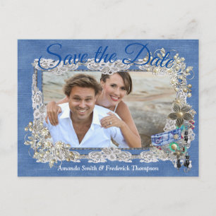 Carte Postale Faire-part Denim avec dentelle de crème et bijoux costume