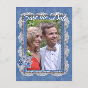 Carte Postale Faire-part Denim avec dentelle de crème et un chaton