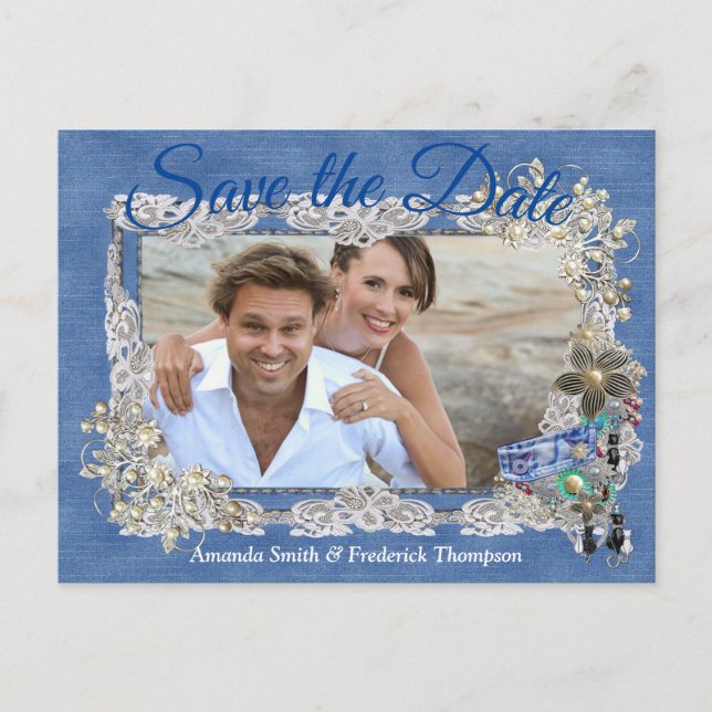 Carte Postale Faire-part Denim avec dentelle de fleurs de crème et bijoux f (Devant)