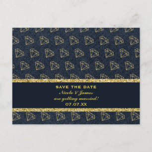 Carte Postale Faire-part Denim & Diamonds Or et Bleu Glam Enregistrer la Da