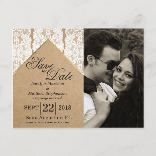 Carte Postale Faire-part Dentelle blanche chic et classique, or et papier R (Devant)