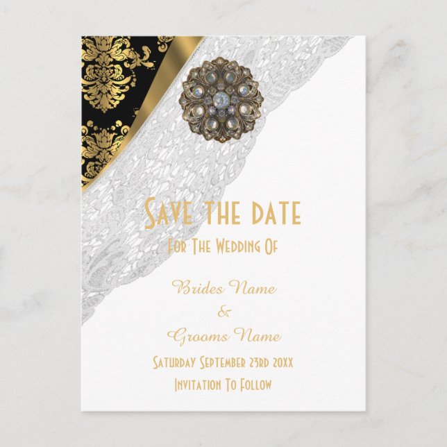 Carte Postale Faire-part Dentelle blanche, damas noir et or enregistrer la  (Devant)