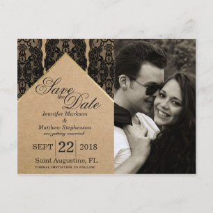 Carte Postale Faire-part Dentelle noire chic et classique, or et papier Rec