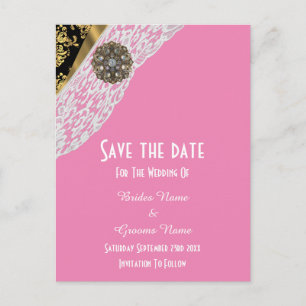 Carte Postale Faire-part Dentelle rose noir et or blanc enregistrer la date