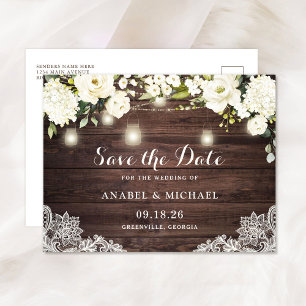 Carte Postale Faire-part Dentelle rustique Fleurs blanches Sauvez la date