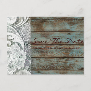 Carte Postale Faire-part dentelle rustique sarcelle bois de grange mariage