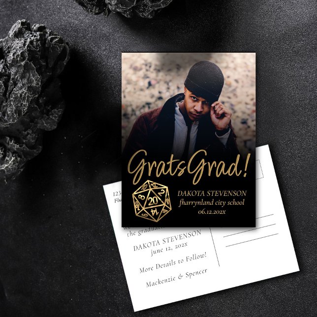 Carte Postale Faire-part Dés RPG | Jeu de rôle de fantasy doré pour la remi (Créateur téléchargé)