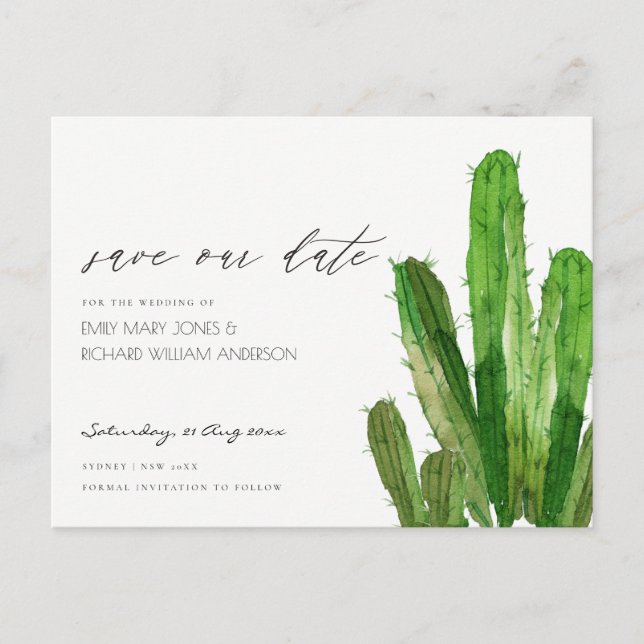 CARTE POSTALE FAIRE-PART DÉSERT CACTUS FOLIAGE EAU COULEUR ENREGISTRER LA D (Devant)