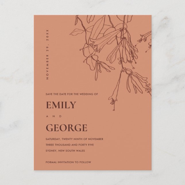 CARTE POSTALE FAIRE-PART DESSIN AU TRAIT ROUGE ROUILLE ORANGE FLEURS ENREGI (Devant)