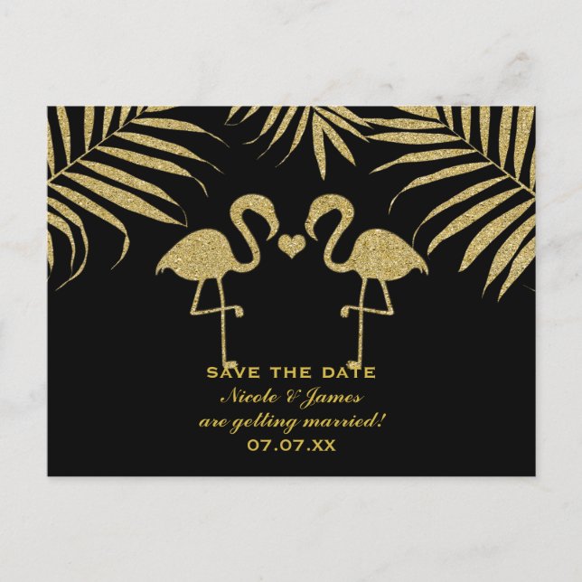 Carte Postale Faire-part Deux Flamants roses Aimer Black & Gold Enregistrer (Devant)