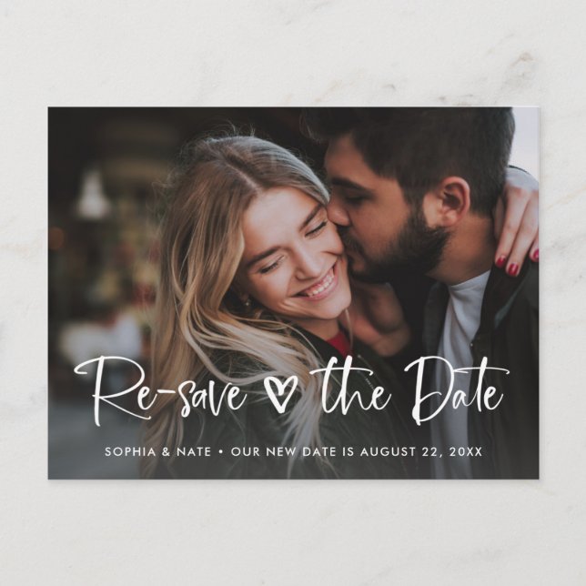 Carte Postale Faire-part Deux photos | Cœur blanc et changement de date de  (Devant)