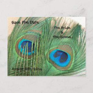 Carte Postale Faire-part Deux plumes de paon d'or sauvent la date