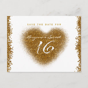 Carte Postale Faire-part Déversement de paillettes dorées Sweet 16 Cœur Sav