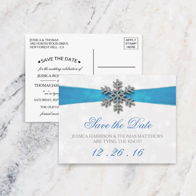 Carte Postale Faire-part Diamante Snowflake & Blue Ribbon Mariage d'hiver (Créateur téléchargé)