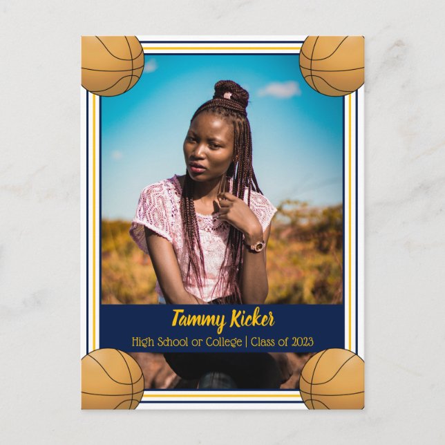 Carte Postale Faire-part Diplôme de basketball Navy & Gold (Devant)