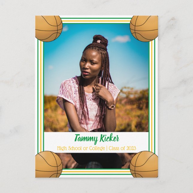 Carte Postale Faire-part Diplômé de Basketball Vert & Or (Devant)