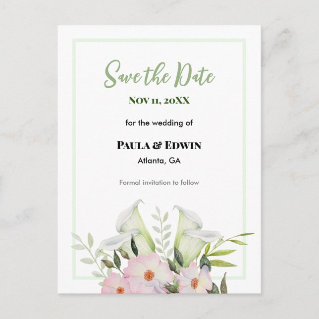 Carte Postale Faire-part Doux Lys Calla Blanc Rose Blanche Mariage Enregist (Devant)