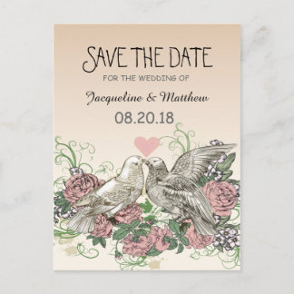 Carte Postale Faire-part Doves du Coeur Rose romance rose - Sauvez la date