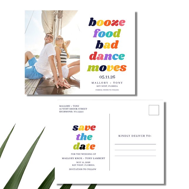 Carte Postale Faire-part Drôle Booze nourriture Mauvaise danse déménage Enr (Funny Typography Photo Wedding Save the Date Postcards)
