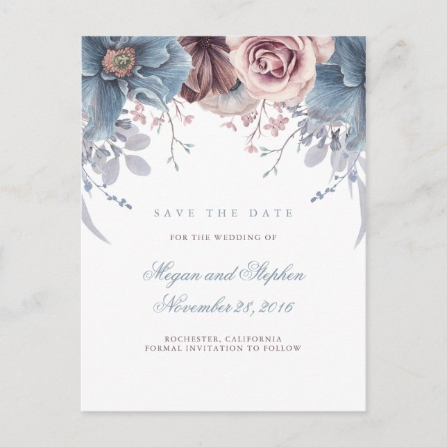 Carte Postale Faire-part Dusty Blue and Mauve Floral Enregistrer la date (Devant)