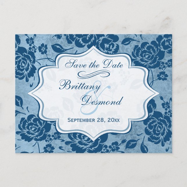 Carte Postale Faire-part Dusty Blue Blanc Floral Wedding Enregistrer la car (Devant)