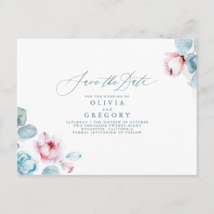 Carte Postale Faire-part Dusty Blue et Fleurs Roses Enregistrer la Date