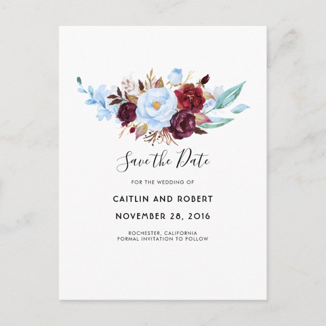 Carte Postale Faire-part Dusty Blue et floral aquarelle rouge Save the Date (Devant)