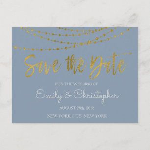 Carte Postale Faire-part Dusty Blue et Gold Foil Enregistrer la date