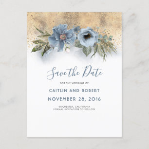 Carte Postale Faire-part Dusty Blue et or Parties scintillant Floral Enregi