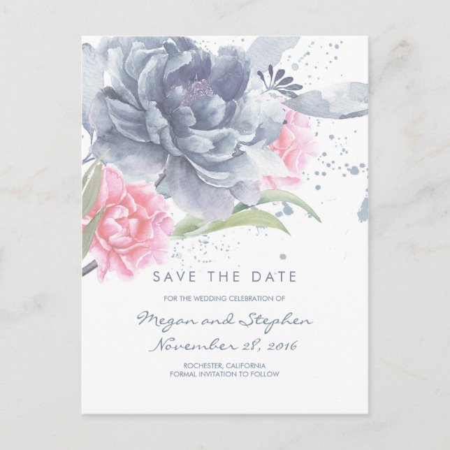 Carte Postale Faire-part Dusty Blue et Rose Quartz Floral Save the Date (Devant)