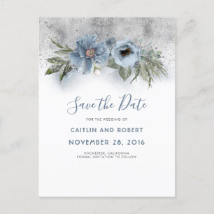 Carte Postale Faire-part Dusty Blue et Silver Parties scintillant Floral En