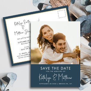Carte Postale Faire-part Dusty Blue Fun Script Mariage Photo Moderne Enregi