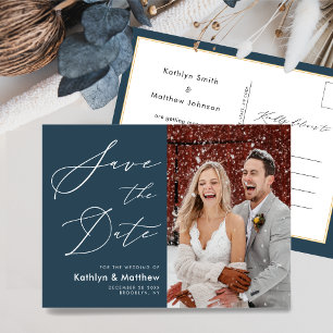 Carte Postale Faire-part Dusty Blue Modern Script Wedding Enregistrer La Da